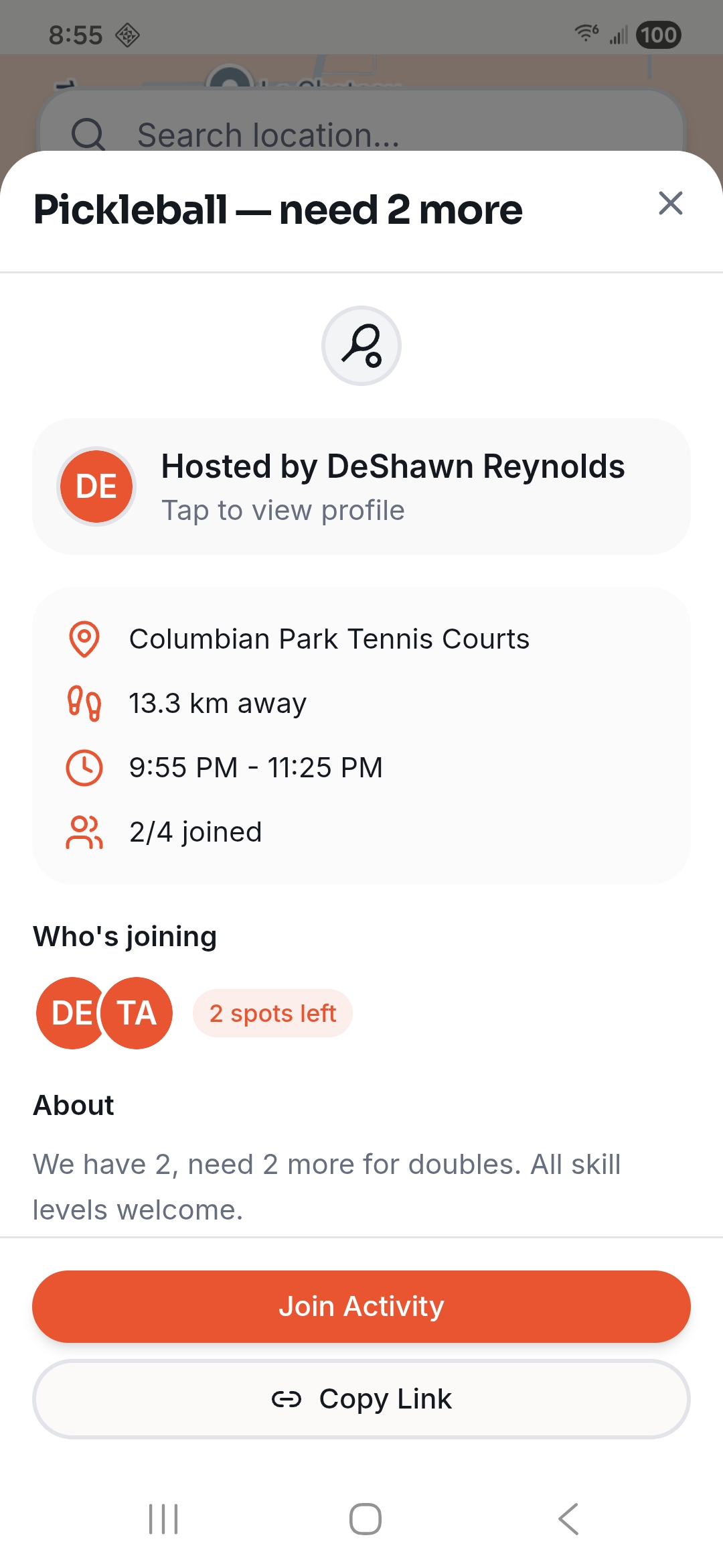 Activity detail card for a pickleball game