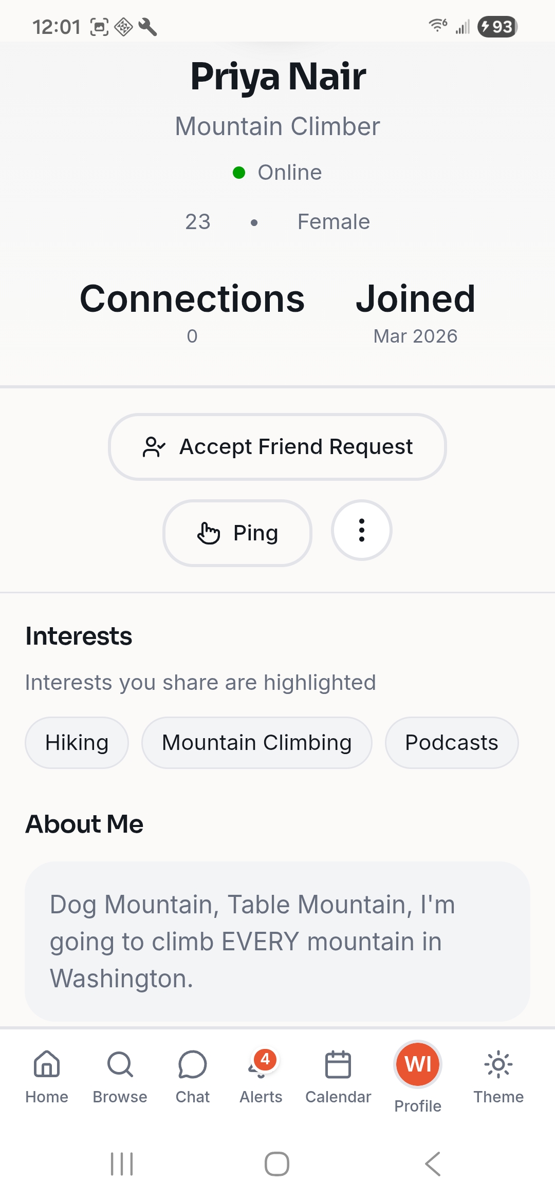 Priya Nair profile — Mountain Climber, interested in hiking and podcasts